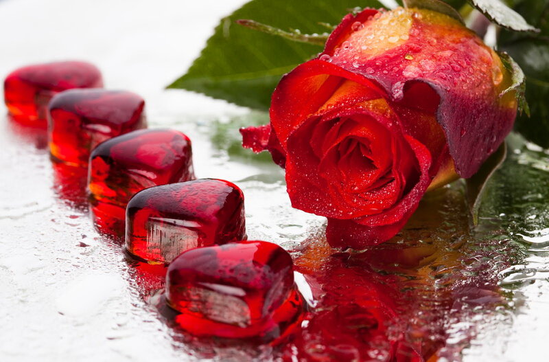 Red Rose with Heart Ice Cubes