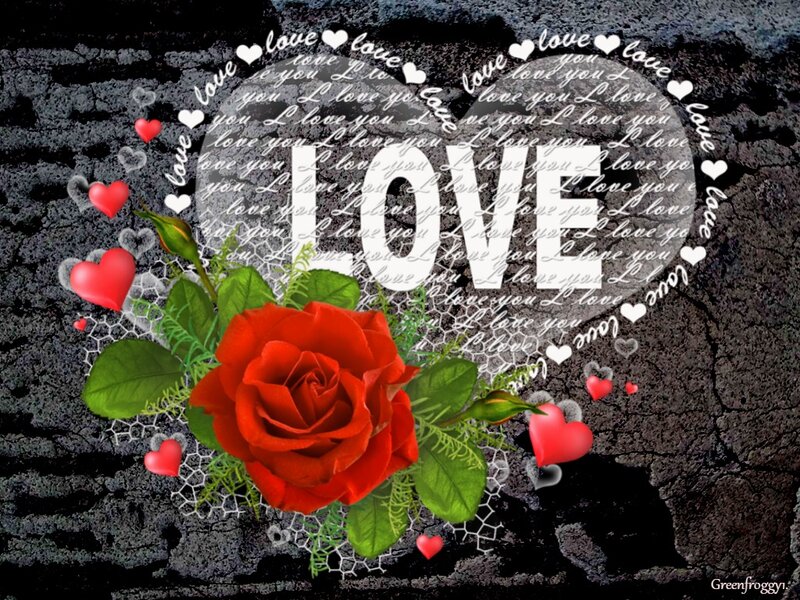 Red Rose with Hearts — Romantic, Digital Art, Text
