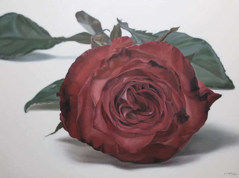 Red Rose with Leaves — Calm, Painting