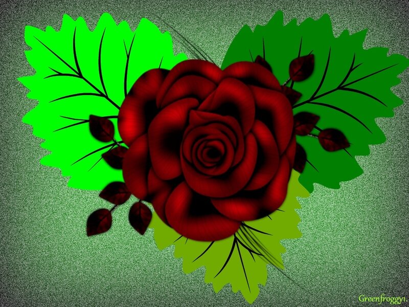 Red Rose with Leaves — Dramatic, Digital Art, Petals