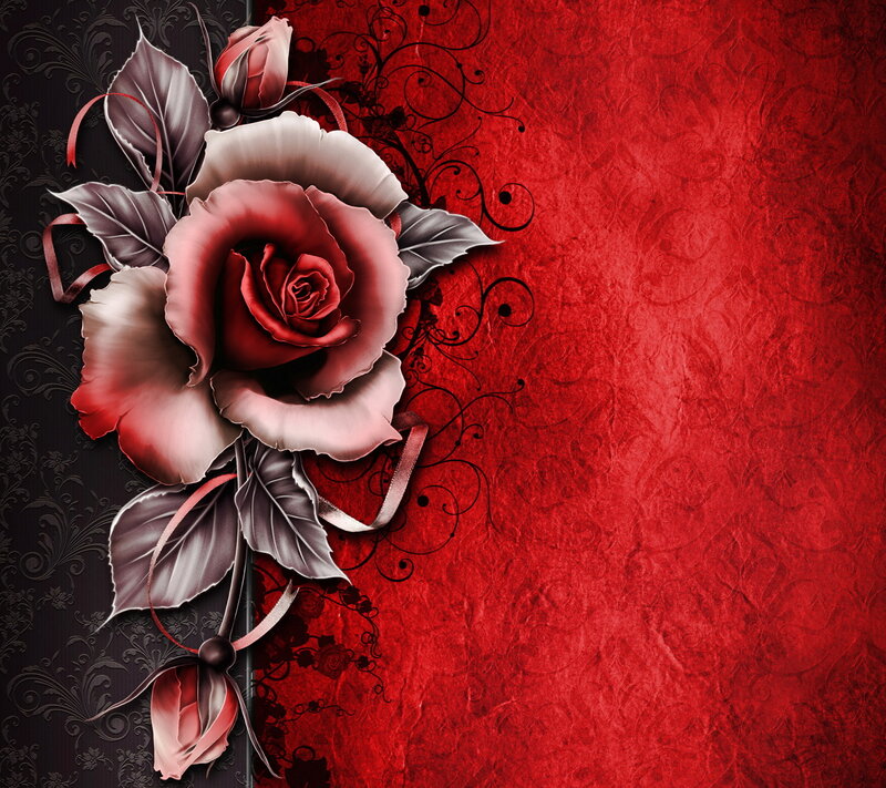Red Rose with Leaves — Dramatic, Digital Art, Ribbons