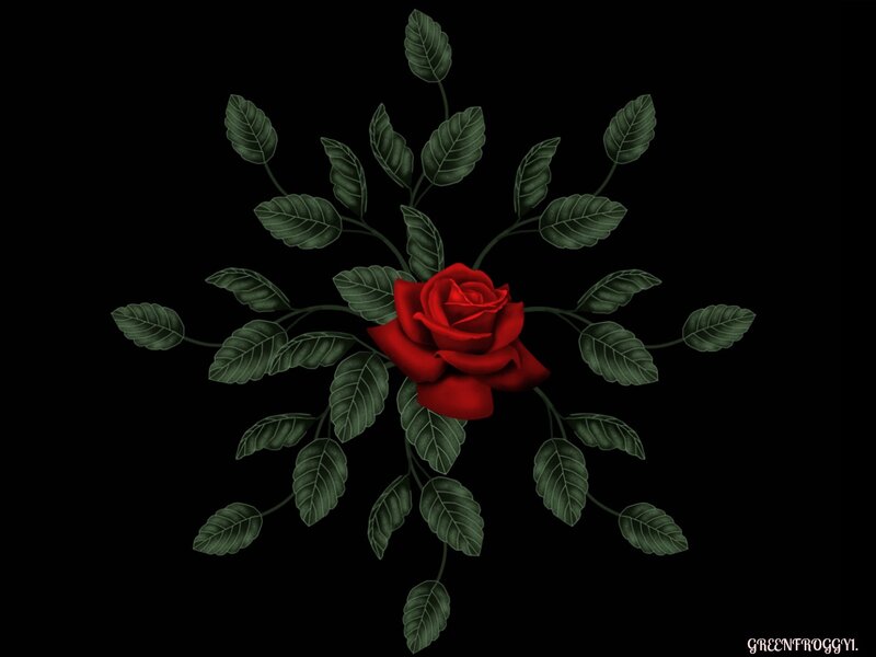Red Rose with Leaves — Dramatic, Digital Art, Stem