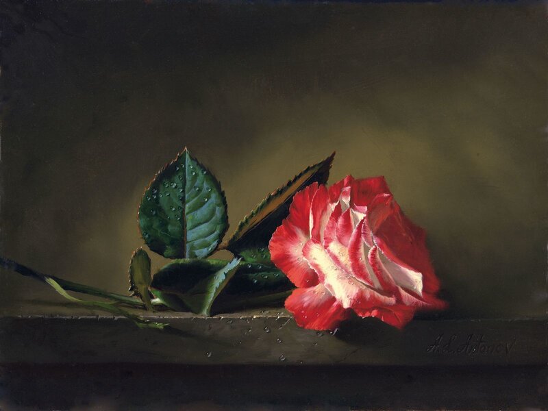Red Rose with Leaves — Dramatic, Painting