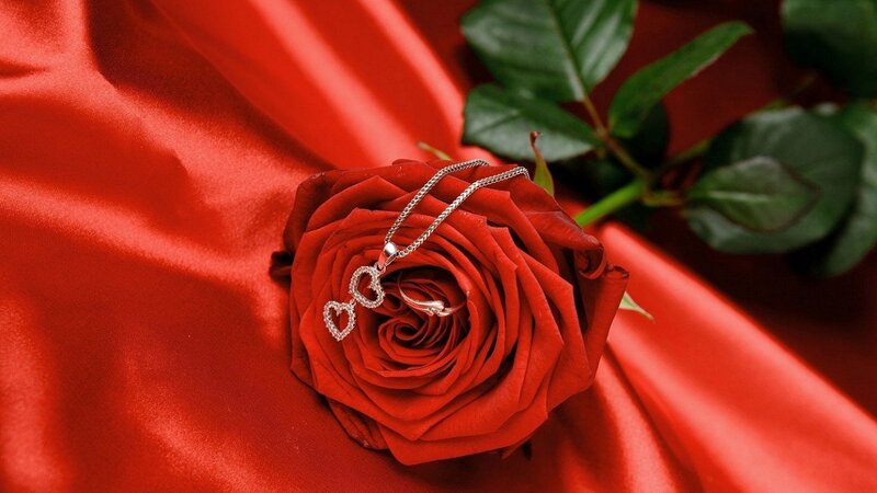 Red Rose with Necklace — Romantic, Photograph, Silk Fabric, Leaves