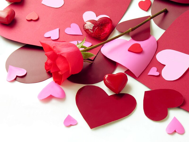 Red Rose with Paper Hearts — Romantic, Photograph, Paper Cutouts