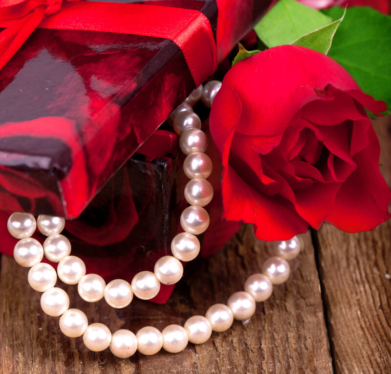 Red Rose with Pearls — Romantic, Photograph, Pearl Necklace