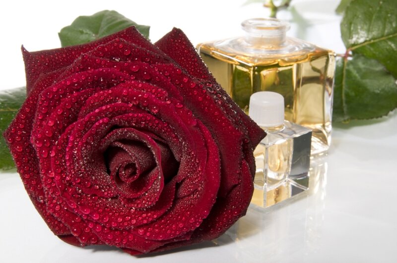 Red Rose with Perfume Bottles