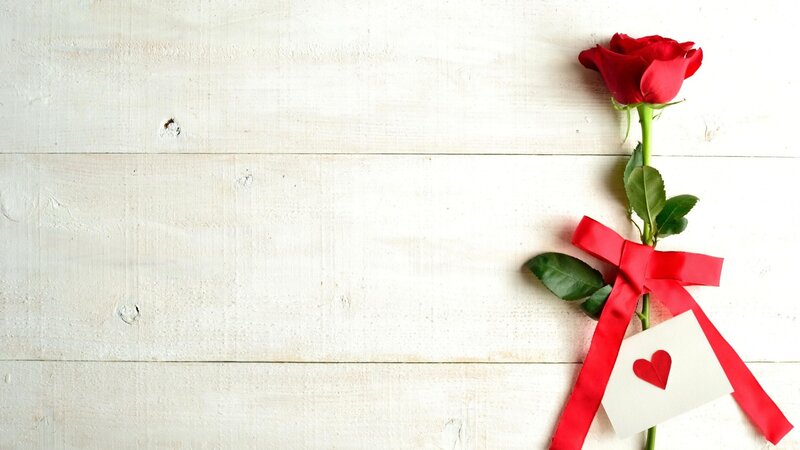 Red Rose with Ribbon — Romantic, Photograph, Card, Wooden Surface