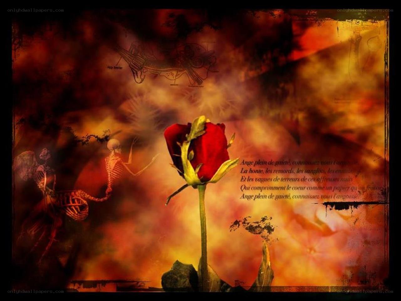Red rose with skeletal figures