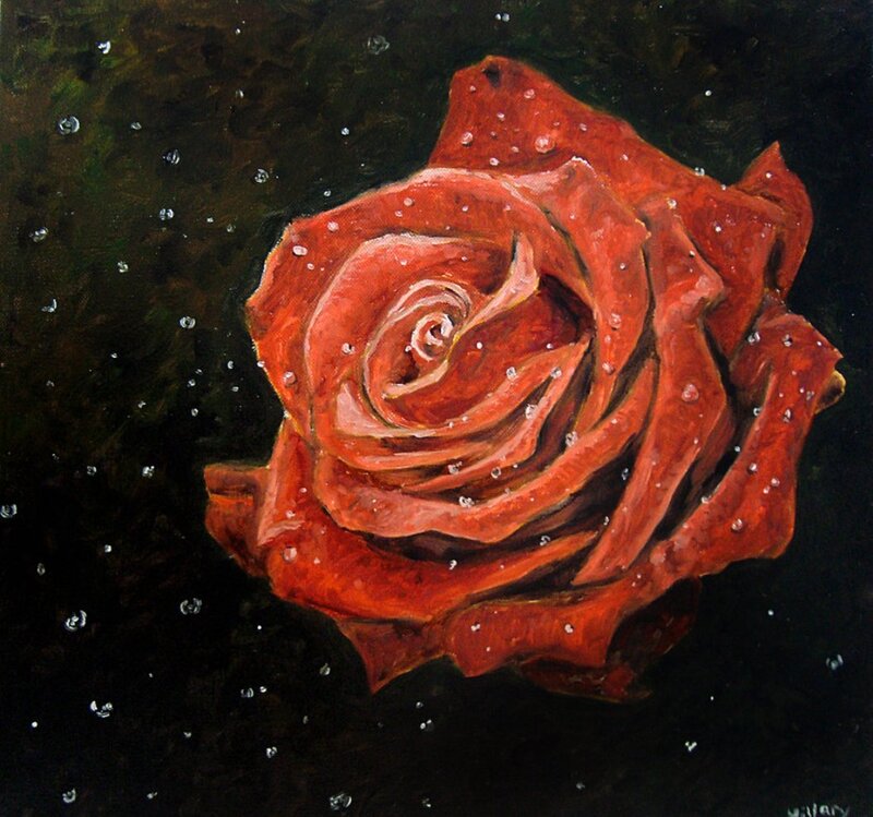 Red Rose with Water Droplets — Dramatic, Painting