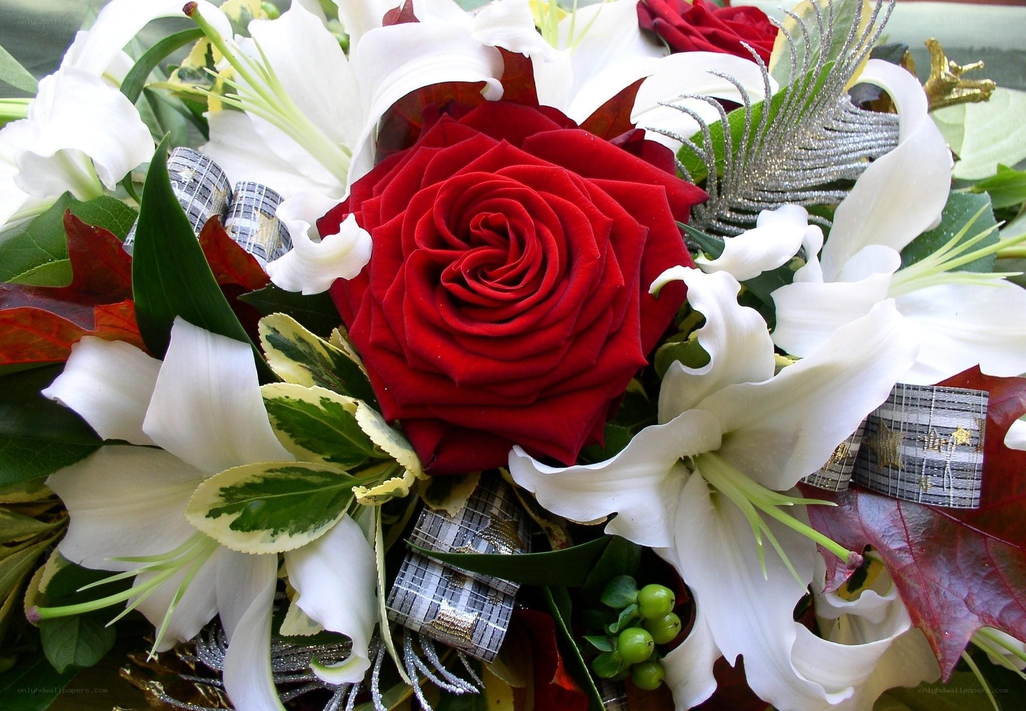 red rose with white lilies