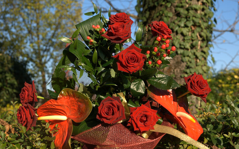 Red roses and anthurium bouquet