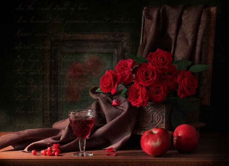 Red Roses and Apples — Dramatic, Photograph