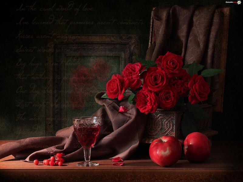 Red Roses and Apples — Dramatic, Photograph, Wine Glass, Cherries