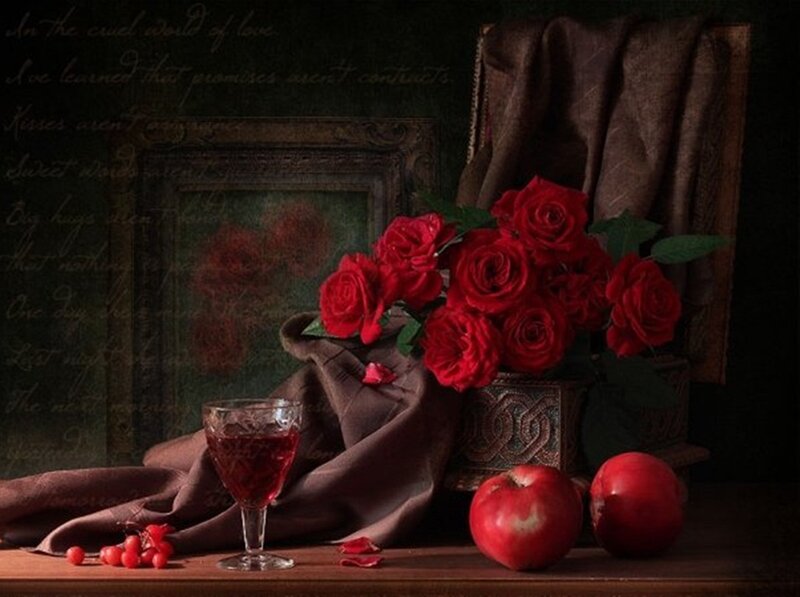 Red Roses and Apples — Dramatic, Photograph, Wine Glass