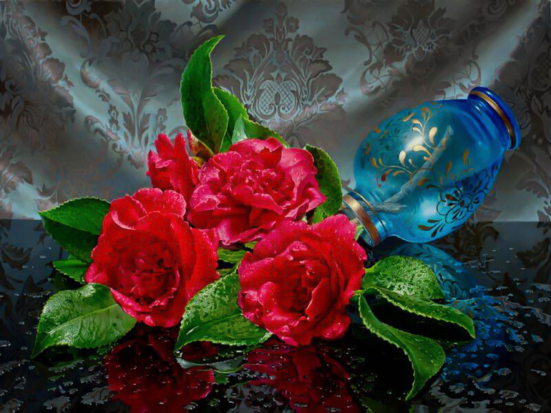 Red Roses and Blue Vase