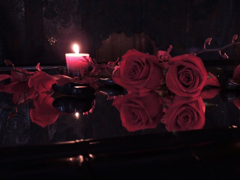 Red Roses and Candle — Romantic, Night, Photograph, Mirror