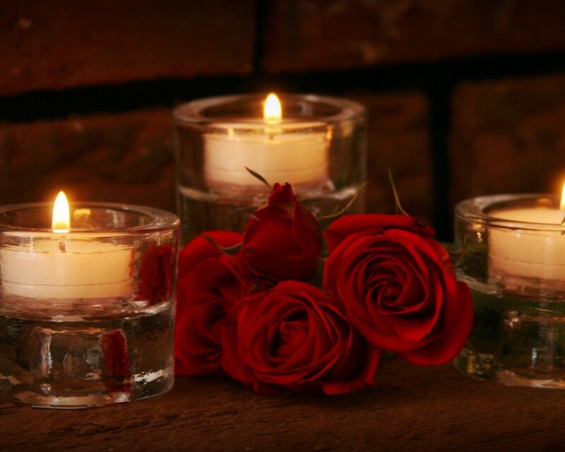 Red Roses and Candles — Romantic, Night, Photograph, Wooden Surface