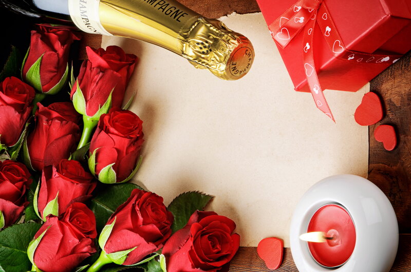 Red Roses and Champagne — Romantic, Photograph, Champagne Bottle, Gift Box