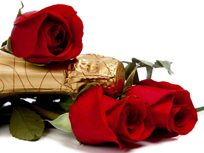 Red Roses and Champagne — Romantic, Photograph, Champagne Bottle, Rose Petals