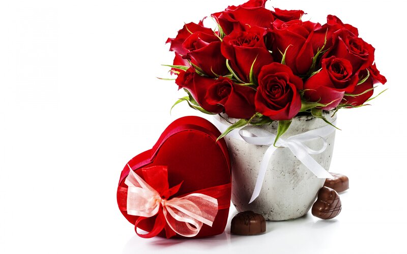 Red Roses and Chocolates — Romantic, Photograph, Heart-shaped Box