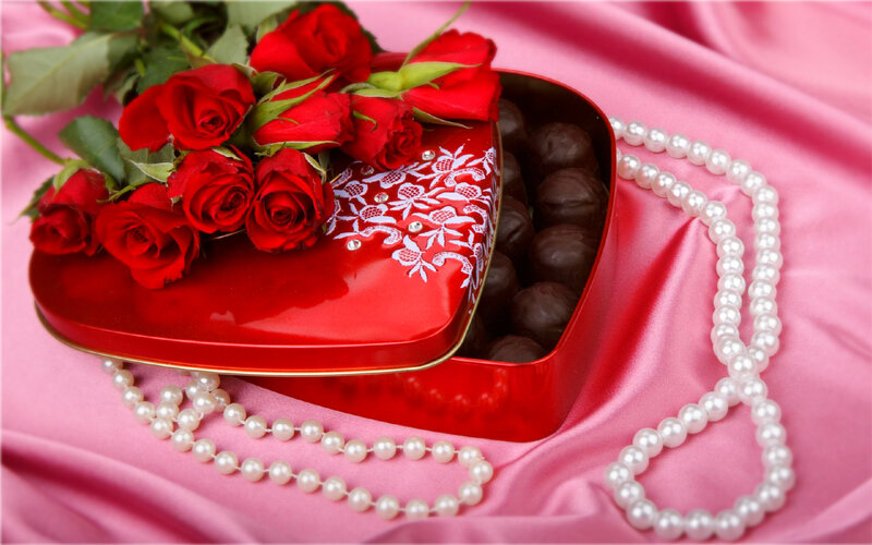 Red Roses and Chocolates — Romantic, Photograph, Pearl Necklace