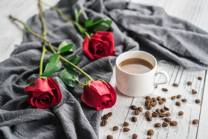Red Roses and Coffee Cup — Calm, Morning