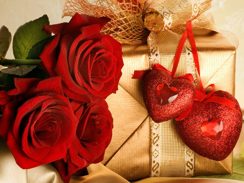 Red Roses and Gift Box — Romantic, Photograph, Gift Box, Heart Ornaments