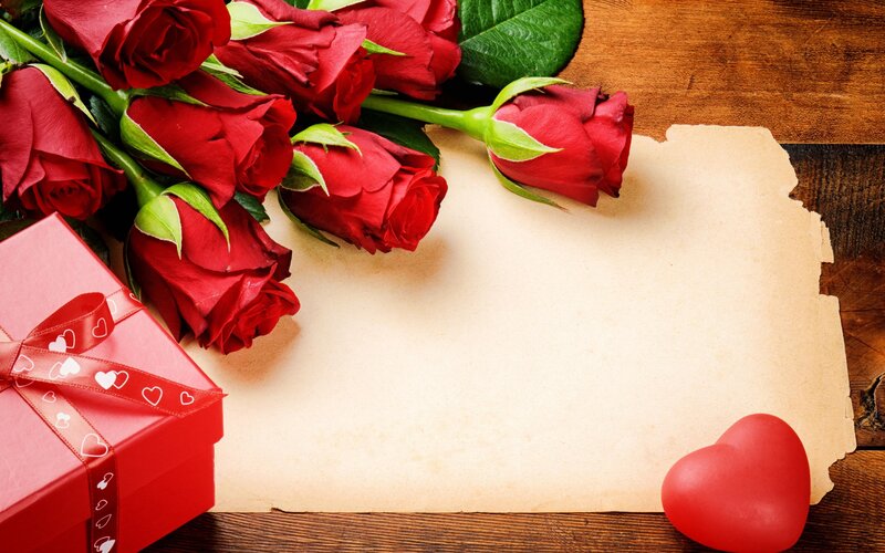 Red Roses and Gift Box — Romantic, Photograph, Gift Box, Heart, Paper