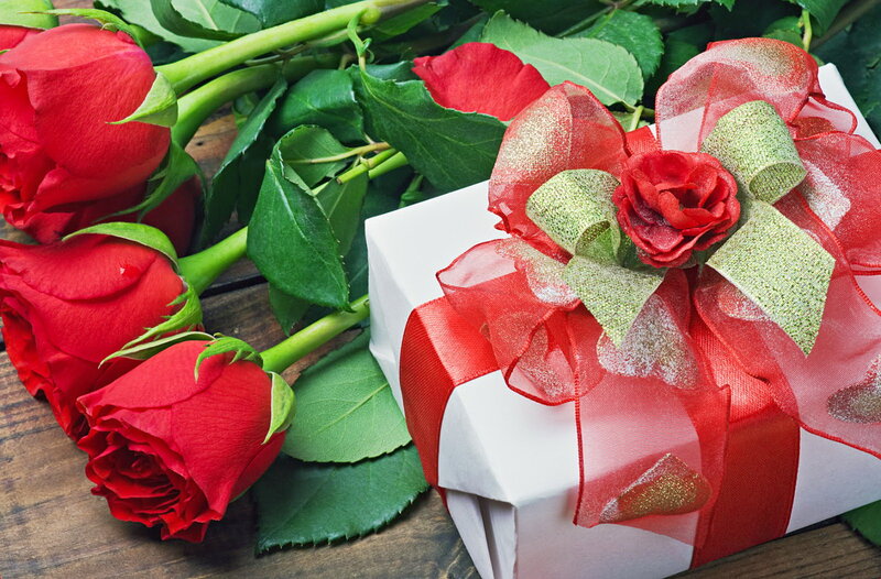 Red Roses and Gift Box — Romantic, Photograph, Gift Box, Ribbon, Wooden Surface