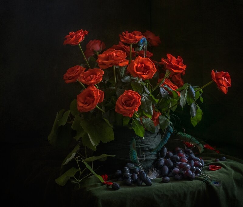 Red Roses and Grapes — Dramatic, Photograph