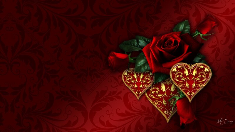Red Roses and Hearts — Romantic, Digital Art, Leaves