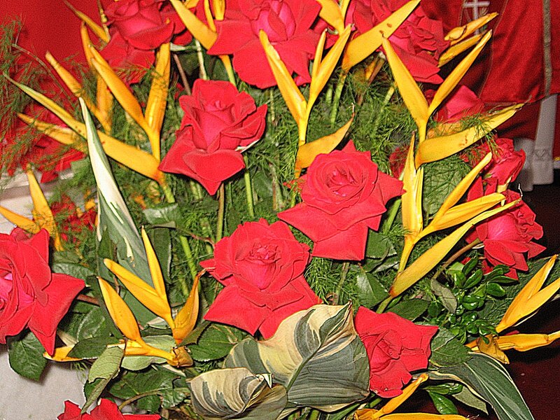 red roses and heliconia flowers
