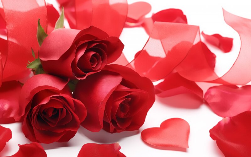 Red Roses and Petals — Romantic, Photograph, Ribbon, Heart