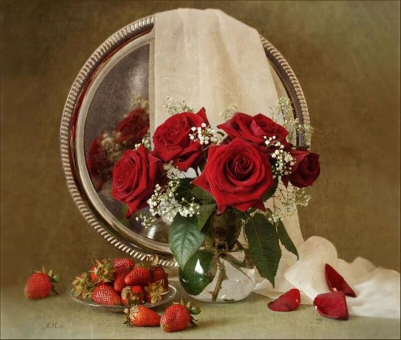Red Roses and Strawberries — Serene, Photograph