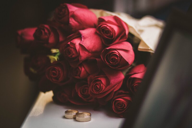 Red Roses and Wedding Rings — Romantic, Photograph, Wedding Rings