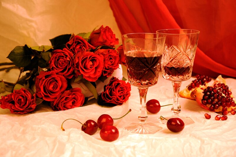 Red Roses and Wine — Romantic, Photograph