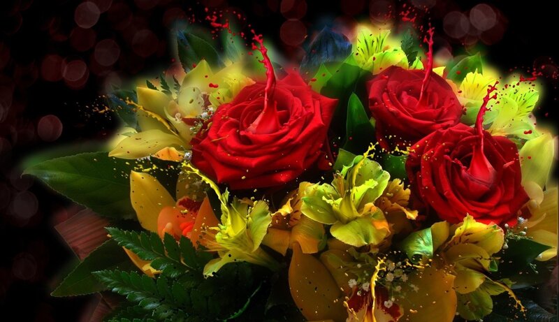 Red Roses and Yellow Flowers — Dramatic, Digital Art, Leaves