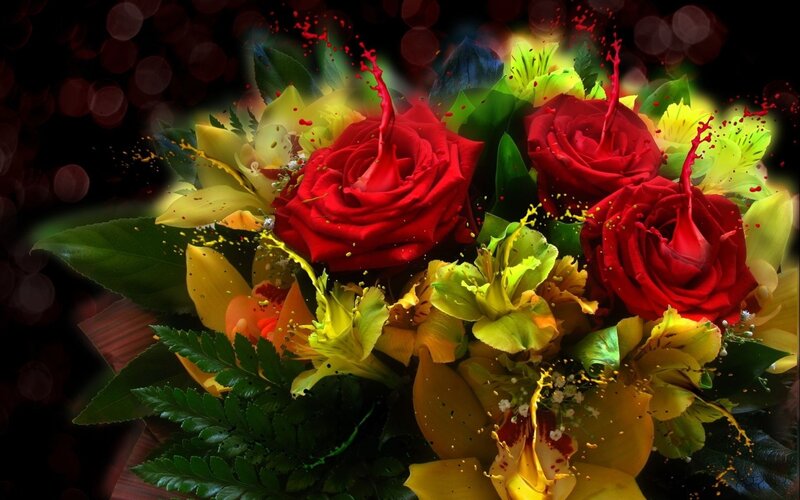 Red Roses and Yellow Flowers — Dramatic, Digital Art
