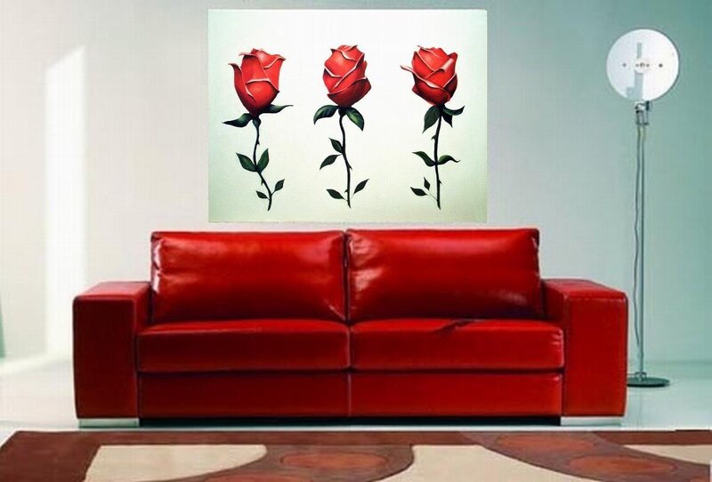 Red roses art above sofa
