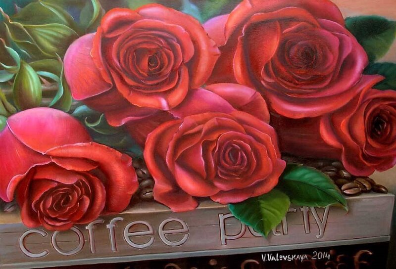 Red Roses in a Box — Calm, Painting, Coffee Beans