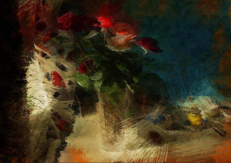 Red Roses in a Vase — Dramatic, Digital Art