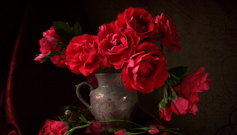 Red Roses in a Vase — Dramatic, Photograph, Leaves, Fabric