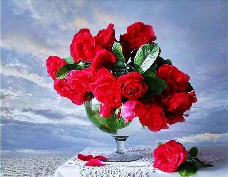 Red Roses in a Vase — Serene, Painting