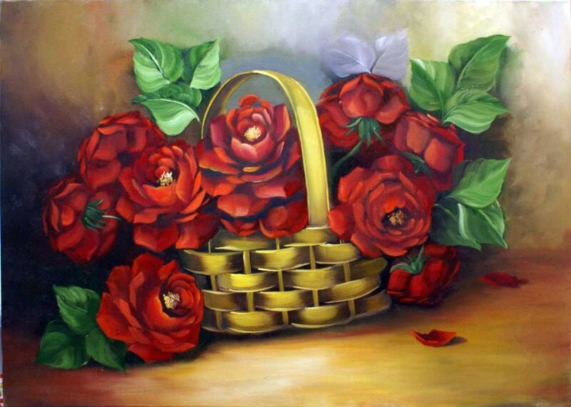 Red Roses in Basket — Calm, Painting