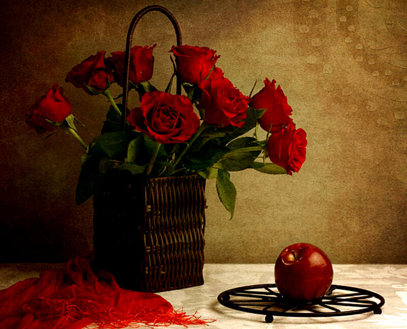Red Roses in Basket — Dramatic