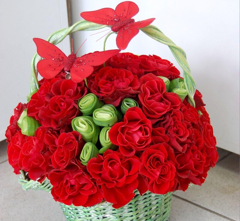 Red Roses in Basket — Festive, Photograph, Butterflies