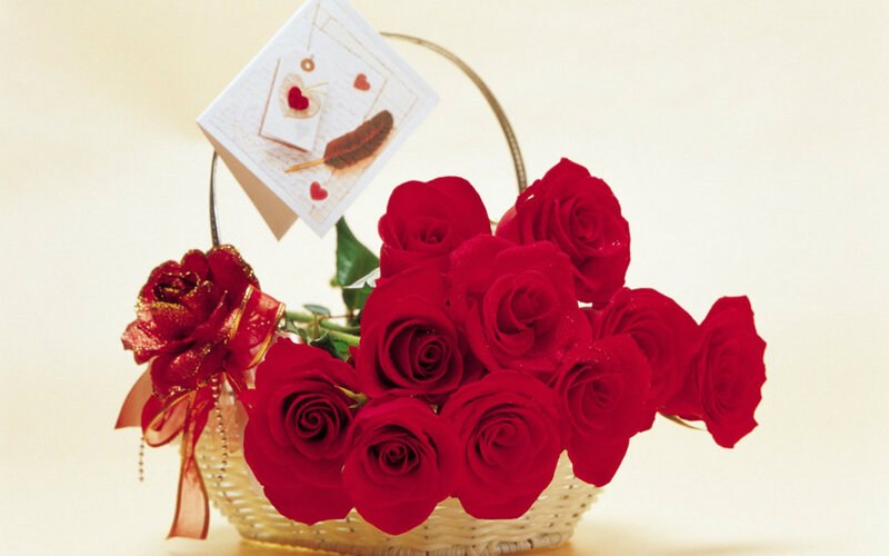 Red Roses in Basket — Romantic, Photograph, Card