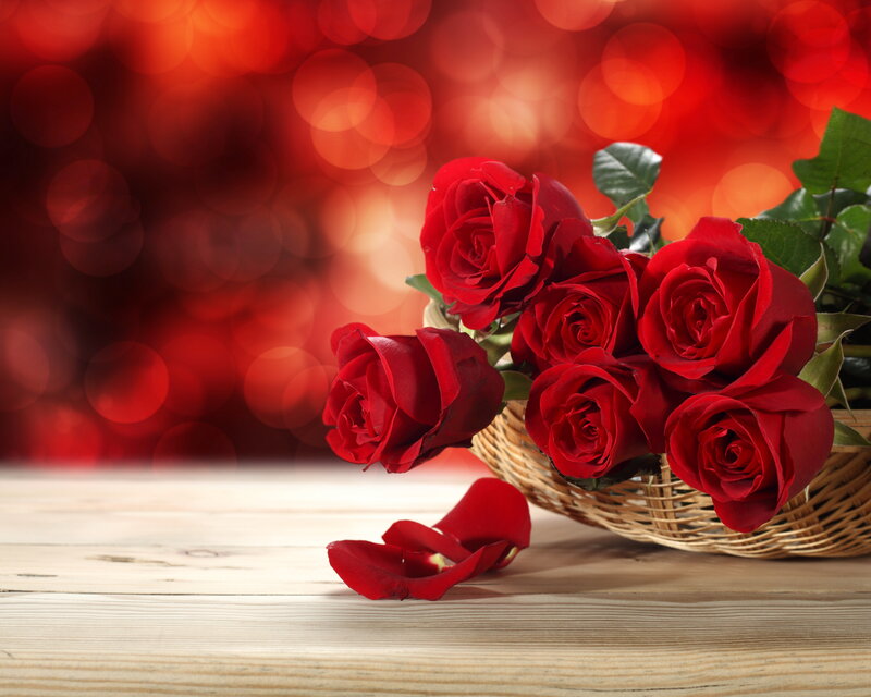 Red Roses in Basket — Romantic, Photograph, Petals, Wooden Surface