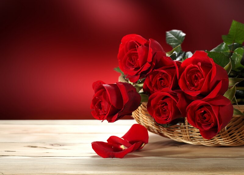 Red Roses in Basket — Romantic, Photograph, Wooden Table, Petals